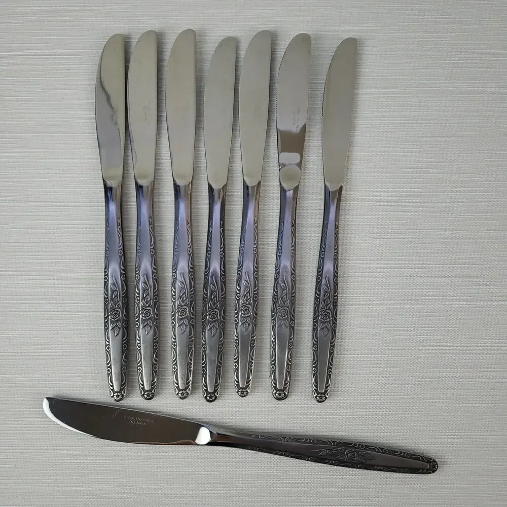 Vintage Single Rose Stainless Steel Butter Knives 8 Pcs Silverware Japan MCM